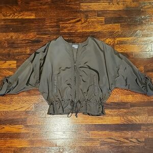 Vince Olive Green Double Zip Up Bomber Jacket with Ribbed Cuffs and Tie Waist